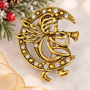 Vintage Angel Trumpet Crescent Moon Brooch Gold Tone Rhinestone Christmas